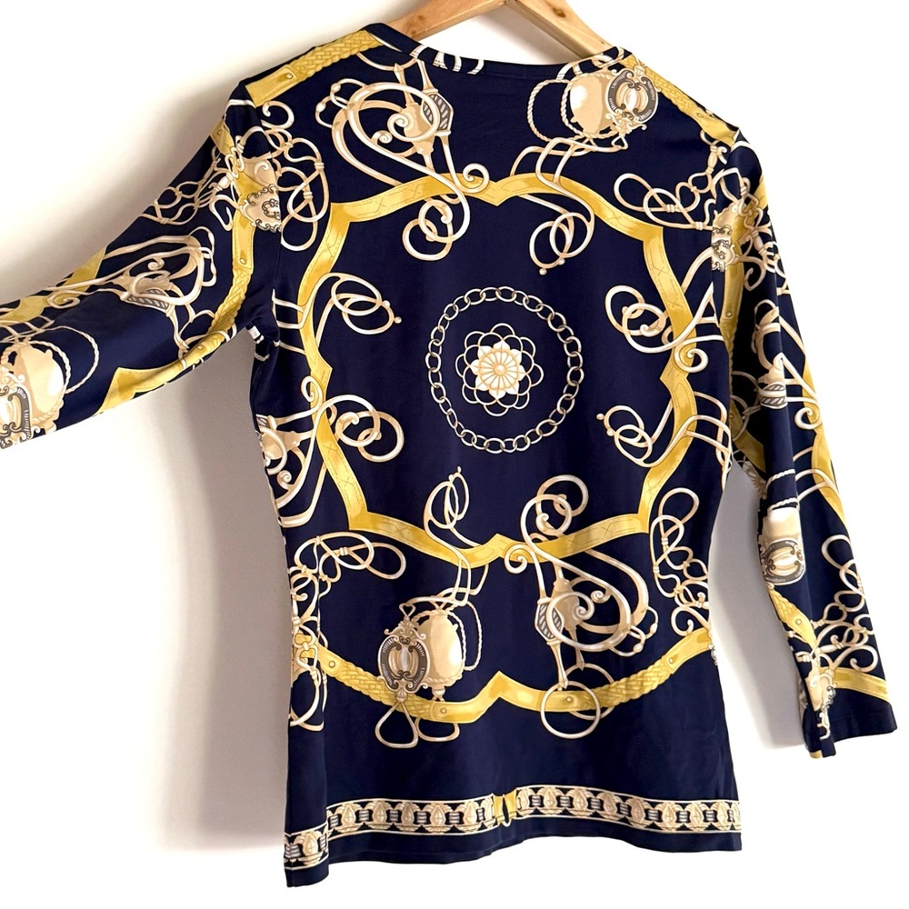 J. McLaughlin Navy & Gold 3/4 Sleeve Knit Top Shirt - Picture 5 of 6